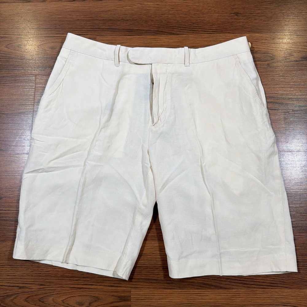 Polo Ralph Lauren Mens Cream Linen Silk Blend Flat Front Shorts Size 34 Khaki